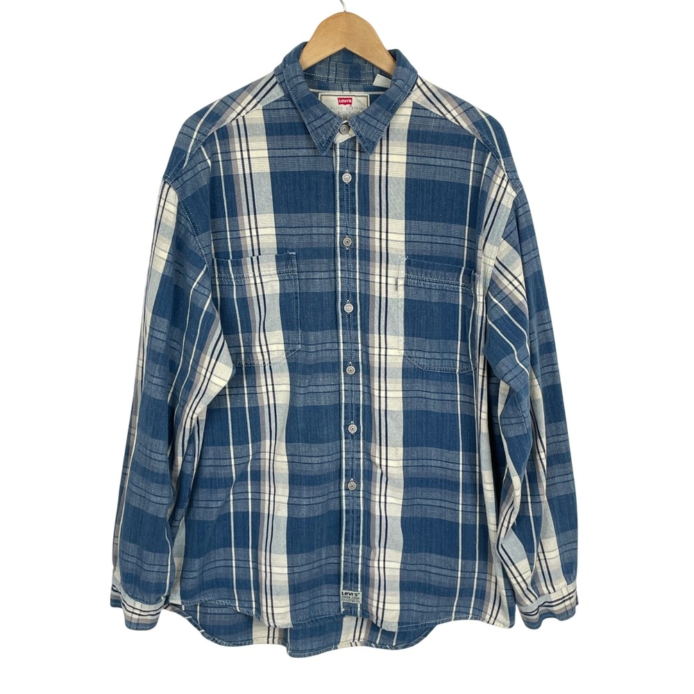 Vintage 90s Levis Blue Plaid Button Up Long Sleeve Shirt Men XL Grunge Americana
